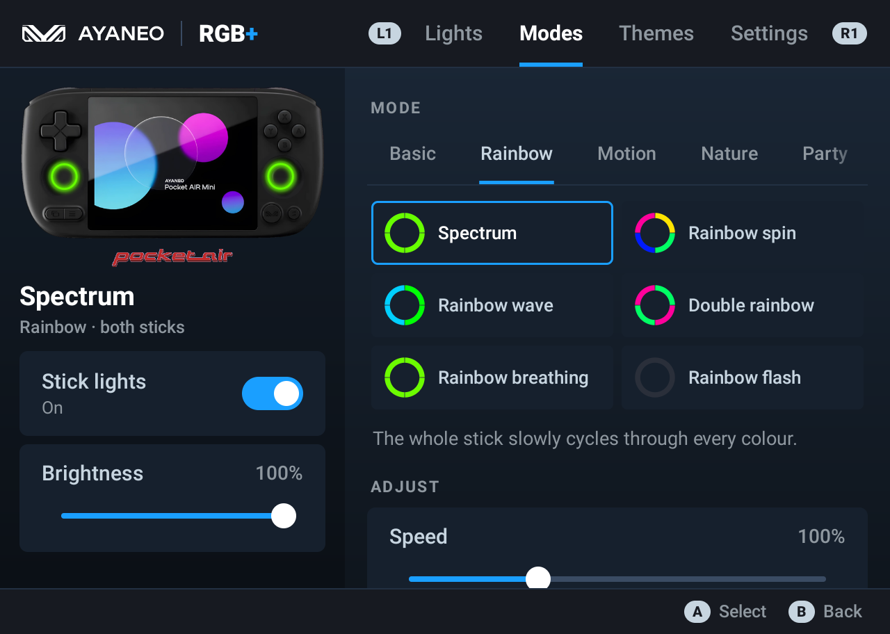 Modes tab: rainbow effects