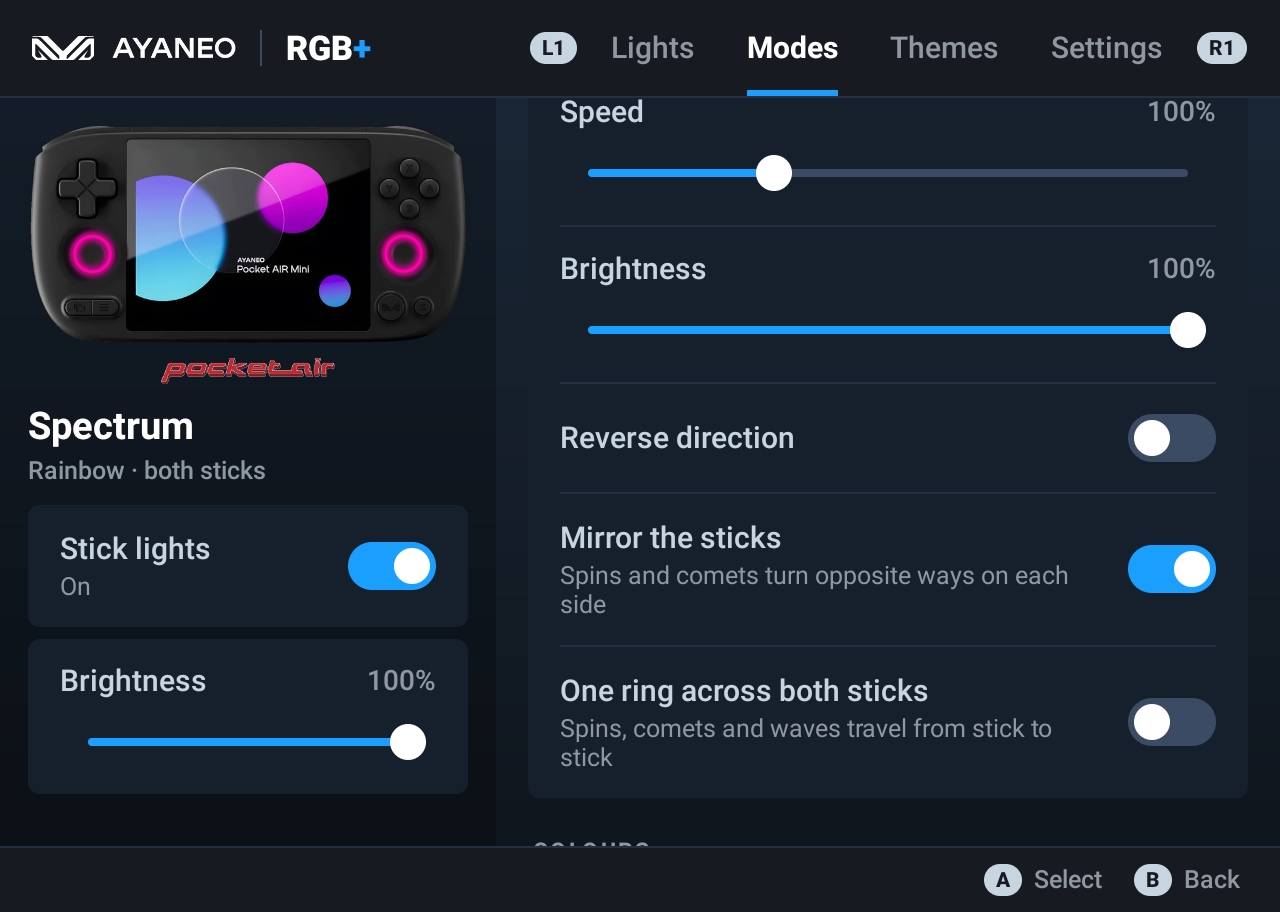 Adjust speed, brightness and mirroring